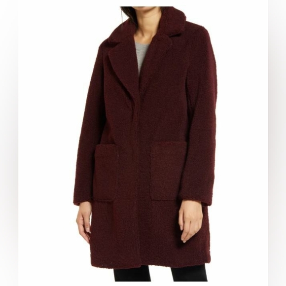 L French Connection Maroon Textured Teddy Faux Fur Long Coat - Picture 1 of 6